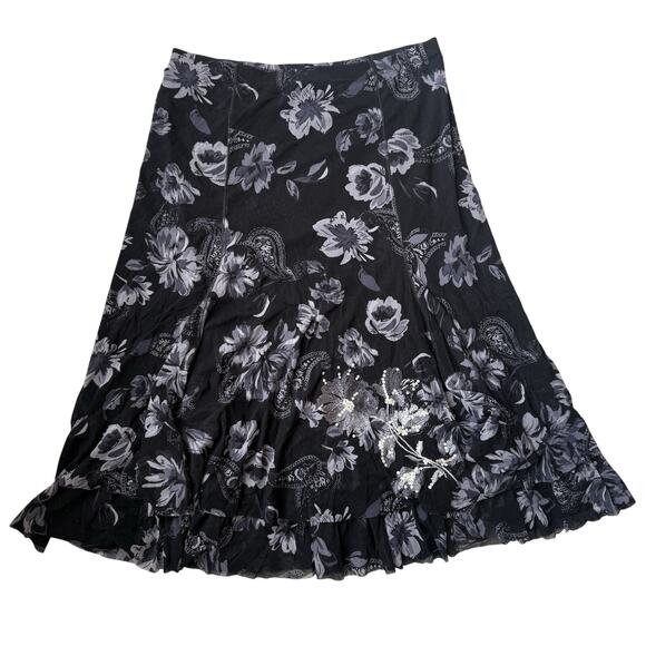 Coldwater Creek Dark Floral Tiered Fairy Grunge Whimsigoth Mesh Midi Skirt M - Picture 1 of 10